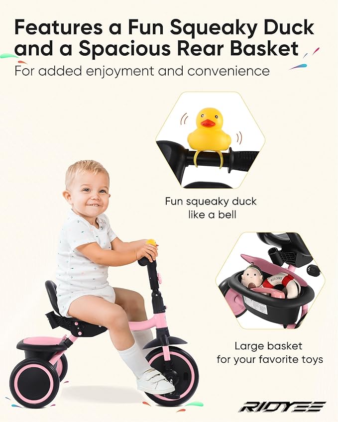 Tricycle for Toddlers 18 Months to 5 Years with Removable Push Handle, Tricycles for 3-5 Year Olds Ideal for On-The-Go Families, Adjustable Carry-Friendly Seat, Pink