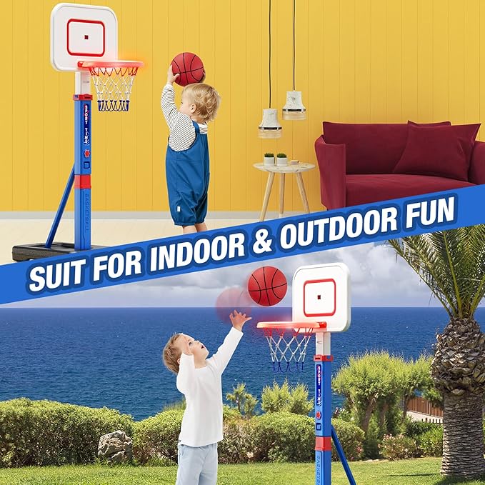Toddler Basketball Hoop with Scoreboard/LED Basketball Rim/4 Balls, 55" Height Adjustable Basketball Hoop for Kids 3-5, Indoor Outdoor Sport Toys Birthday Gifts for Baby Boys Girls