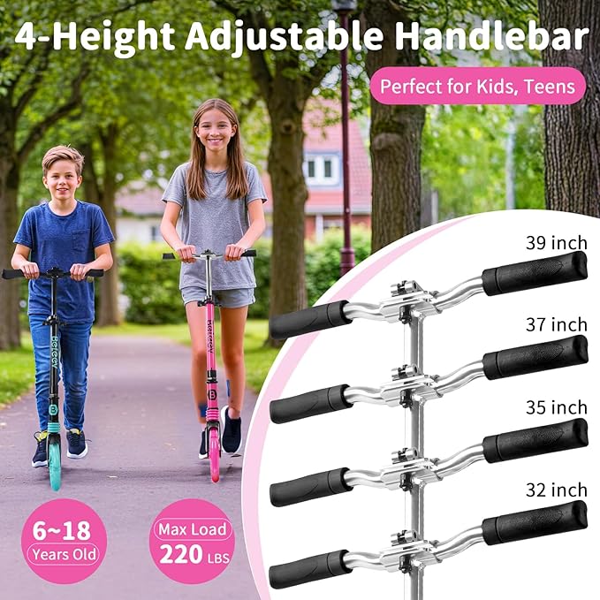 BELEEV V5 Plus Scooters for Kids Ages 6+, Teens with Light-Up Wheels & Deck, 2 Wheel Folding Lightweight Sport Scooter with 4 Adjustable Height, 8-inch Big Wheels, Carry Strap, Max Load 220 lbs