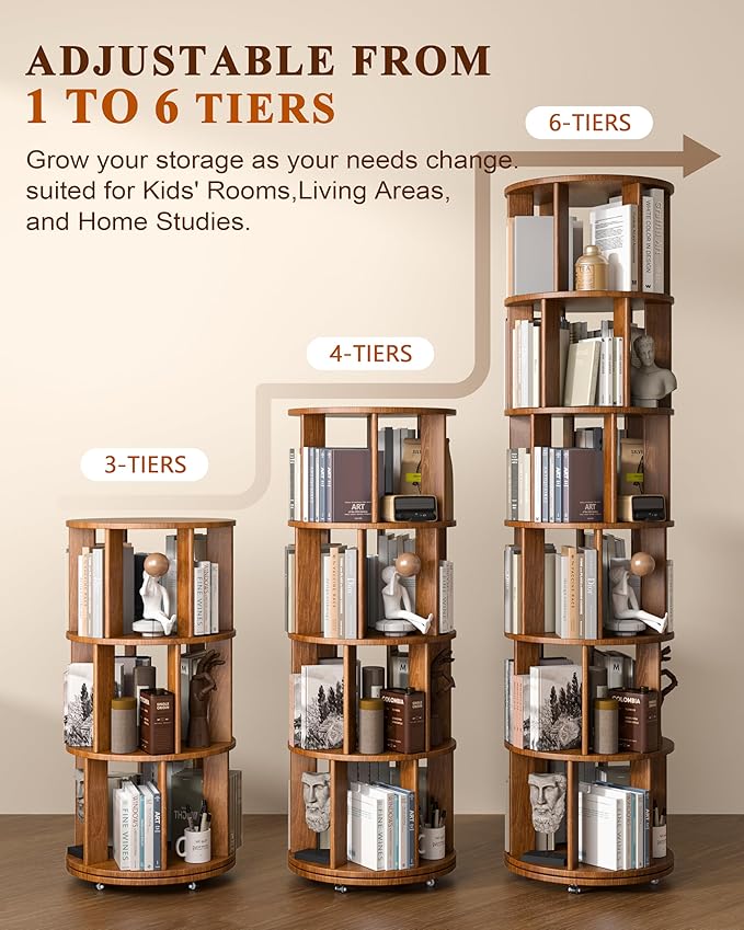 5-Tier Solid Wood Rotating Bookshelf on Wheels, 360° Spinning Book Shelf Tower, Round Revolving Bookcase Organizer, Rolling Bookshelves for Small Spaces, Corner, Bedroom, Kids Room, Office, Walnut