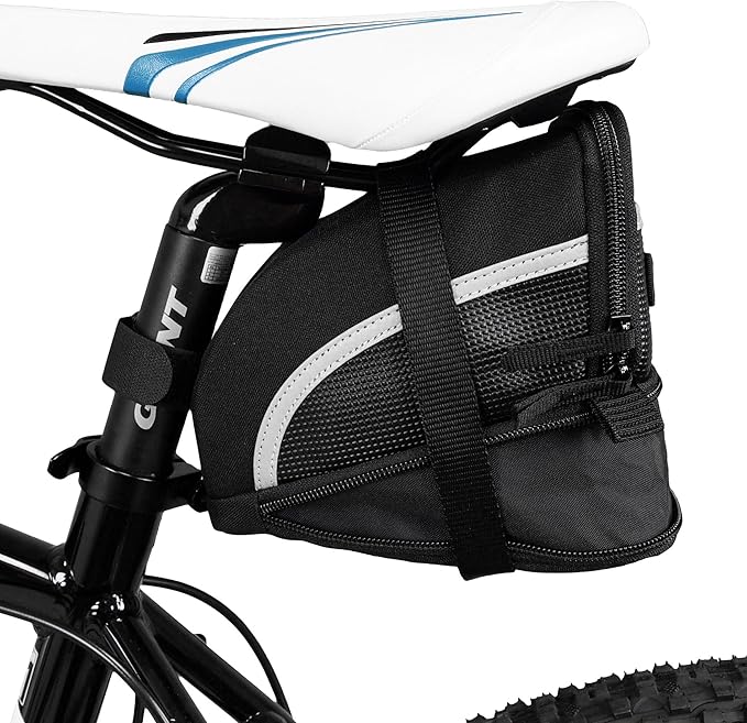 BV Strap-On Bike Bag with Reflective Material - Capacious Saddle Bag with Seperate Divider for Small Items & Room for All Your Essentials - Bike Pouch with Taillight Hanger for Maximum Safety