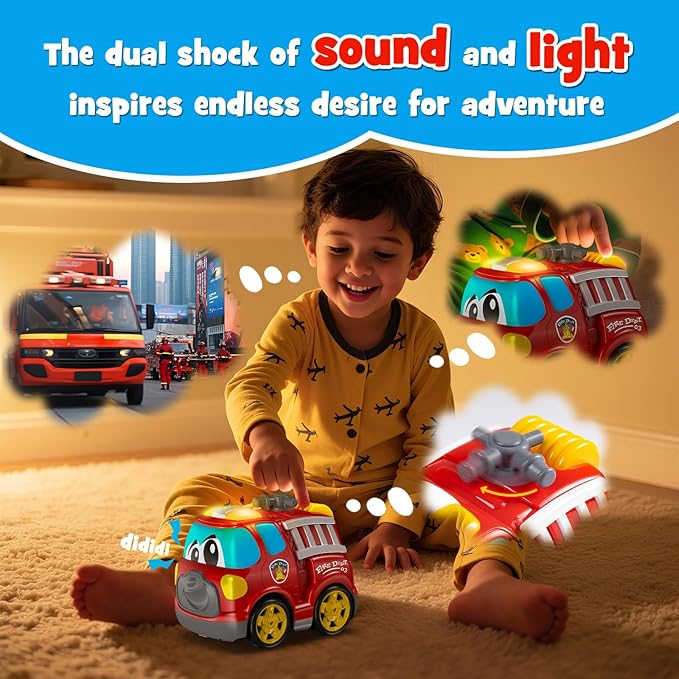 Remote Control Car, 2.4G Cartoon Emergency Vehicle, RC Fire Truck Engine Toys with Lights & Music, Birthday Gifts for Toddlers, Kids, Boys & Girls 1-5 Years Old (Red)