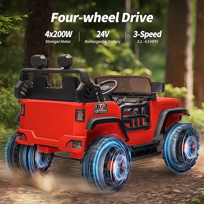 2 Seater Ride on Car Toy, 24V 4WD Electric Car for Kids 4-8 with Remote Control, 4x200W Motors, Capacity 150 lb - Red