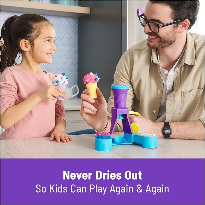 Kinetic Sand, Soft Serve Station with 14oz Play Sand (Blue, Pink & White), 2 Ice Cream Cones & 2 Tools, Sensory Toys, Holiday Gifts & Stocking Stuffers for Kids Ages 3 and up