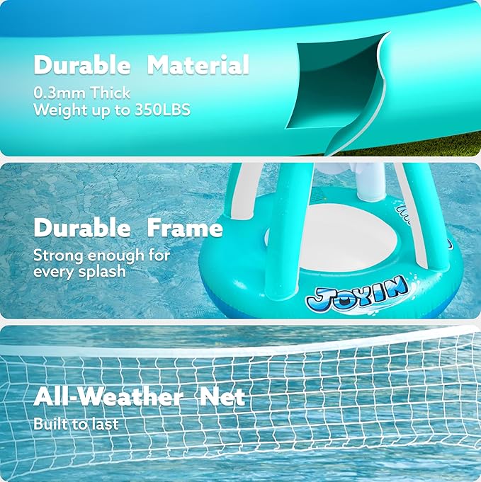 JOYIN XL Inflatable Pool Float Set, 125'' Volleyball Net & Basketball Hoops, Extra Large Floating Swimming Game Toy for Kids and Adults, Summer Floaties, Volleyball Court|Basketball, XL-Blue, Cyan
