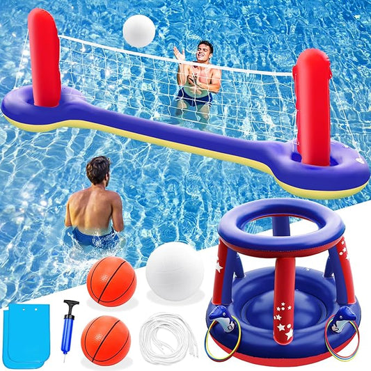 Jasonwell Pool Toys Games Set - 3 in 1 Pool Volleyball Net Basketball Hoop Ring Toss Game Inflatable Floats Water Floating Volleyball Swimming Pools Party Game Accessories Toy Gift Kids Teens Adults