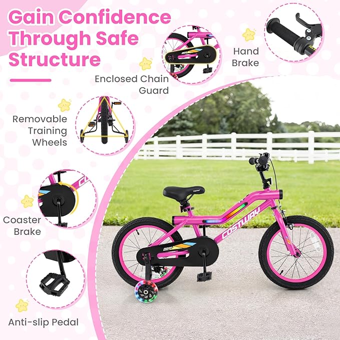 COSTWAY 16”/18” Lighted Kids Bike, Children Sport Bicycle with LED Light-up Frame, Adjustable Saddle, Training Wheels, Handbrake & Coaster Brake, Kids Riding Bike for 4-7/4-8 Years Old Boys & Girls