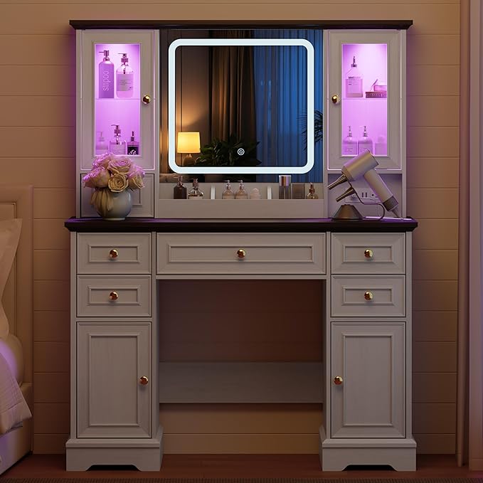 43'' Makeup Vanity with Mirror and Lights, Farmhouse Vanity Desk with Drawers & Charging Station, 3 Lighting Modes & Adjustable Brightness, Glass Cabinet, Dressing Table for Bedroom, White