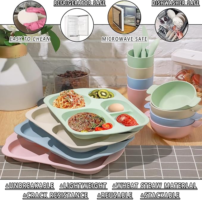 25 Pcs Wheat Straw Dinnerware Sets BPA Free Lightweight Bowl Reusable Dinner Plates Microwave Dishwasher Safe Cup Portable Spoon Knife Fork Dinnerware for Kids Aldult Home School Office Picnic Travel