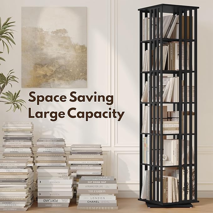 YOWOS Rotating Bookshelf Tower, 360 Display Spinning Bookcase, Bamboo Bookshelf Floor Standing Storage Rack, Wood Narrow Book Shelf Organizer for Kids&Adults (Black, 6 Tier)