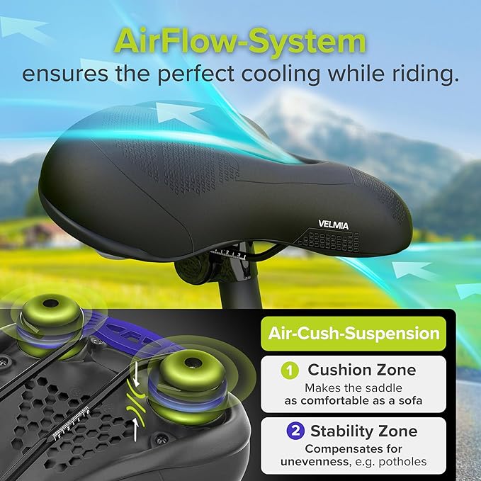 Velmia Bicycle Saddle - Comfortable Saddle for Men and Women - 3 Zone Concept - Waterproof Bicycle Seat with Ergonomic Design
