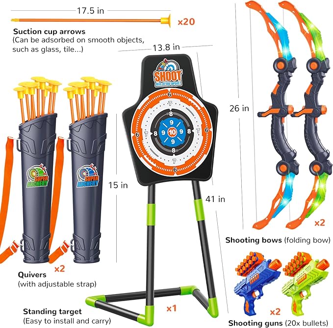 GMAOPHY 2 Pack Bow and Arrow Toy for 5 6 7 8 9 10 11 12 Year Old Boys, Birthday for Kids, Indoor Outdoor Sport Games Toys for Ages 4-8 8-12, LED Light Up Archery Set with 20 Suction Cup Arrows
