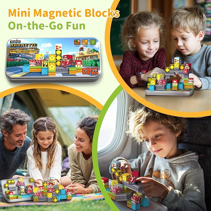 35 PCS Mini Magnetic Tiles Travel Set with Portable Iron Storage Box, STEM Educational Magnetic Building Blocks for Kids Ages 3-8, Montessori Sensory Toys Gifts for Toddler, Boys & Girls