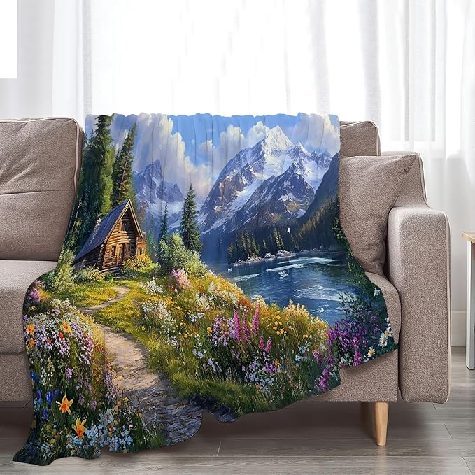 Mountain Landscape Blanket, Nature Lake Tree Fleece Blanket Gifts for Boys Girls, Warm Cozy Soft Flannel Stuff for Bed Sofa Couch 80" x 60"
