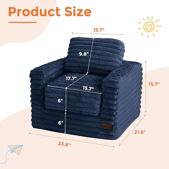 MAXYOYO Kids Bean Bag Chair, Comfy Faux Fur Bean Bag Sofa with Filler, Upholstered Floor Sofa with Pillows and Armrests, Lazy Floor Chair Couch for Boys and Girls, Navy