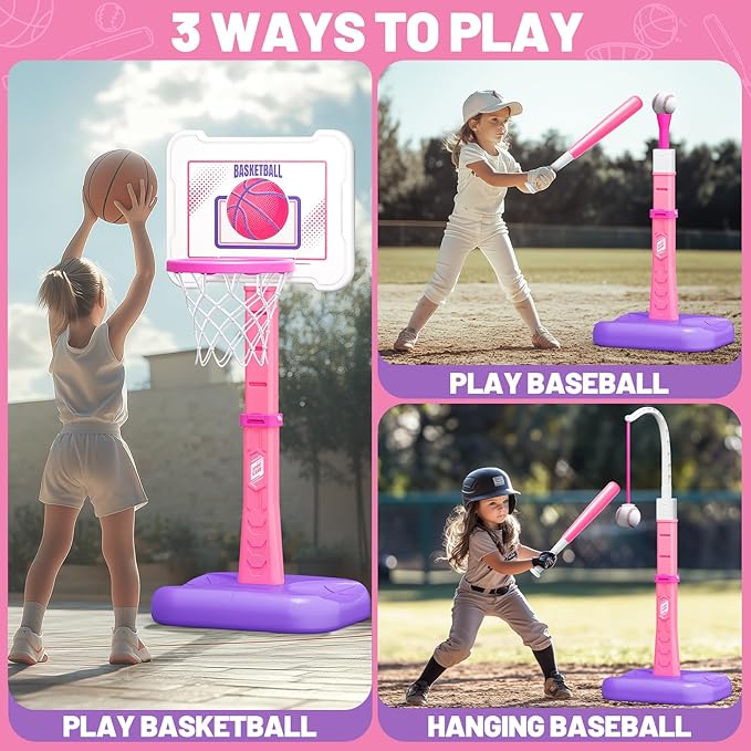 3 in 1 Kids Basketball Hoop and T Ball Set, Adjustable Height Toddler Basketball Hoop, Hanging Tee Baseball, Indoor Outdoor Sports Toys Gifts for Toddlers Boys Girls Ages 3 4 5 Year（Pink