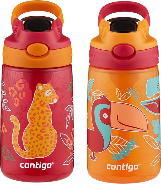 Contigo Aubrey Kids Water Bottle with Silicone Straw and Spill-Proof Lid, 14 oz, 2 Pack, Cheetahs & Toucans