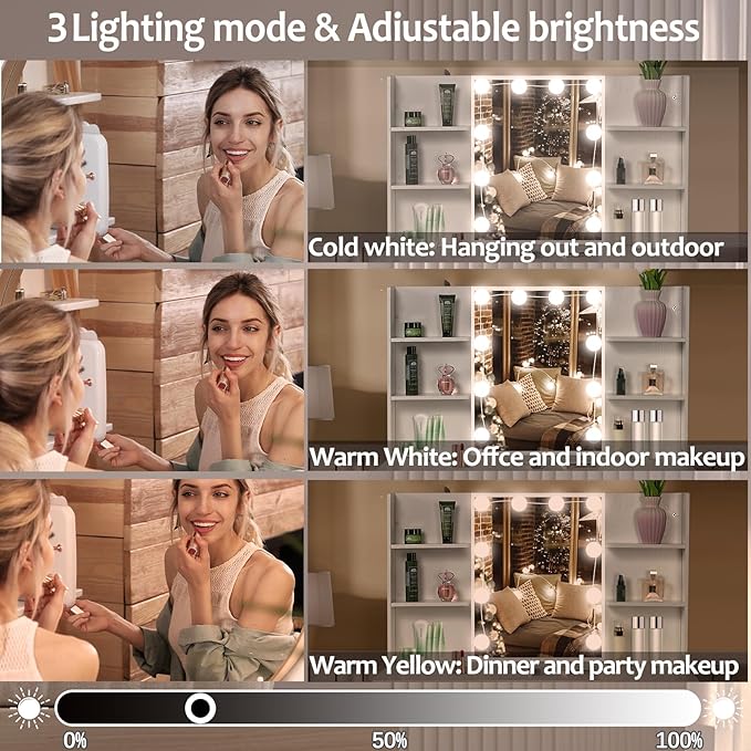 Makeup Vanity Desk with Lighted Mirror, 39.4''W White Vanity with 3-Color Adjustable Brightness, 7 Drawers & Open Shelves, Big Vanity Table for Bedroom, Girls & Women