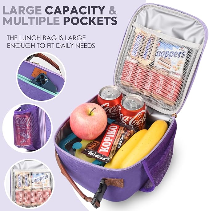 Lunch Bag for Women Men Girls Teens Insulated Leakproof LunchBox for Adult Reusable Lunch Box with Bottle Holder for Work Office School Travel Picnic-Purple/Gray