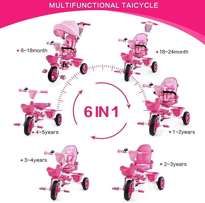 JMMD Baby Trike, 6-in-1 Kids Tricycle with Adjustable Push Handle, Removable Canopy, Safety Harness for 18 Months - 5 Year Old, Pink