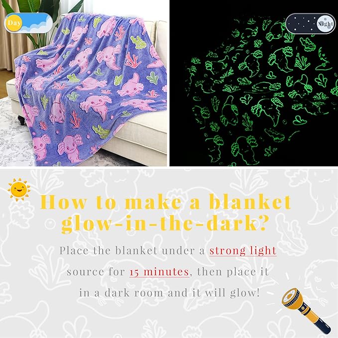Cute Axolotl Blanket Glow in The Dark Blanket Axolotl Gifts Toys for Girls Birthday Axolotl Room Decor 60"x80"
