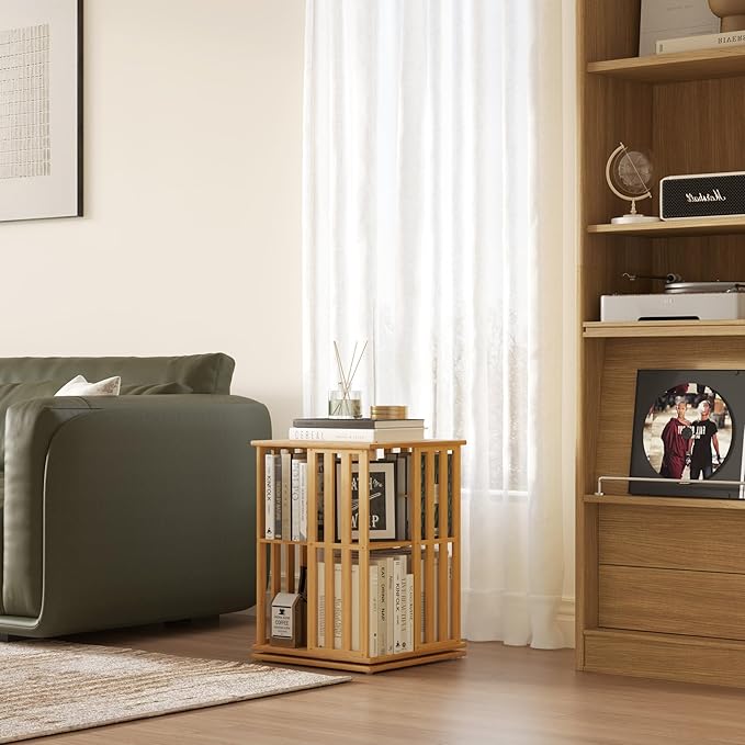 YOWOS Rotating Bookshelf Tower, 360 Display Spinning Bookcase, Bamboo Bookshelf Floor Standing Storage Rack, Wood Narrow Book Shelf Organizer for Kids&Adults (Nature, 2 Tier)