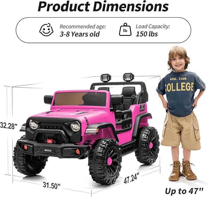 2 Seater Ride on Car Toy, 12V Electric Car for Kids 4-8 with Remote Control, Capacity 150 lb, LED Light - Hot Pink