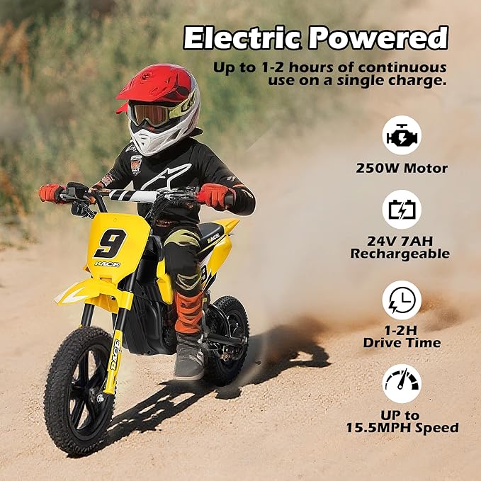 24V Electric Dirt Bike for Kids 6-12- Max 11 MPH & 10 Miles Long-Range, 250W Electric Motorcycle with Twist-Grip Throttle, 12" Knobby Tires, Spring Suspension, Music (Yellow)