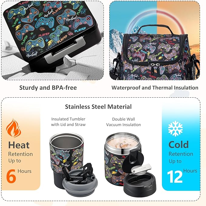Lunch Box Set with Bento Box Container, 17OZ Stainless Steel Food Soup Thermo, Kids Water Bottle & Portable Insulated Lunch Bag – Leakproof, Hot/Cold Retention for School, Travel (Black-Game)