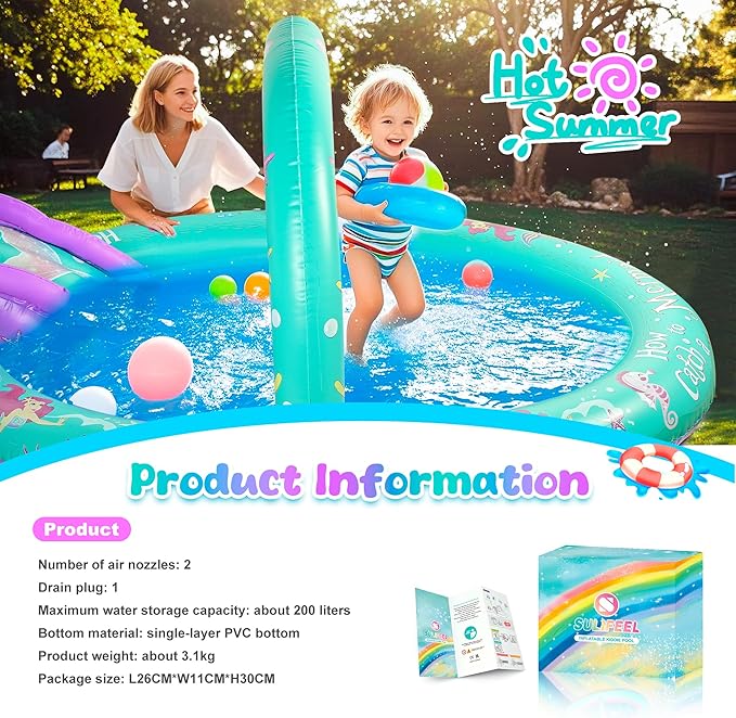 SULIFEEL Mermaid Inflatable Play Center Kiddie Pool with Slide and Sprinkler for Children, 96''x59''x39'' Baby Pool for Backyard and Garden, Free Inflatable Pump