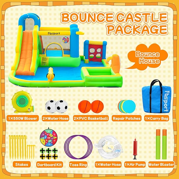 FBSPORT Inflatable Bounce House, 9 in 1 Water Slide with Blower, Bouncy House for Kids Indoor Outdoor Wet Dry Combo Water Bounce House with Football Shooting, Water Gun, Splash Pool, Bounce Area, Hose