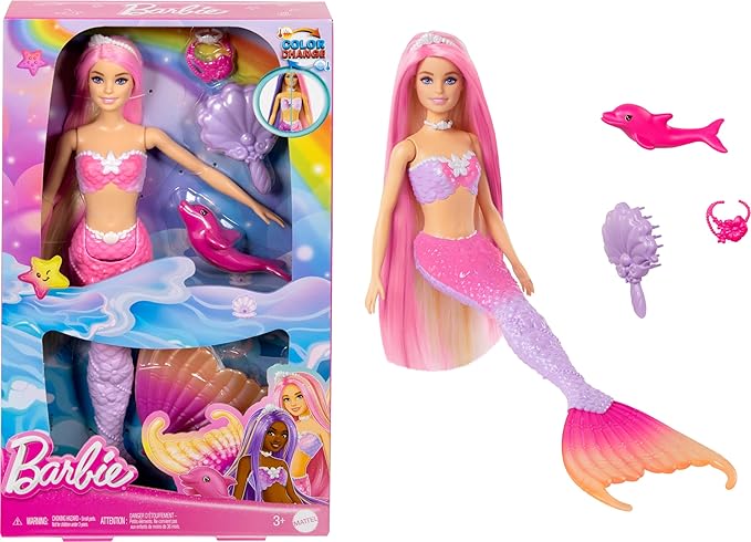 Barbie Mermaid Doll, “Malibu” with Pink Hair, Styling Accessories, Pet Dolphin and Water-Activated Color Change Feature (Amazon Exclusive)