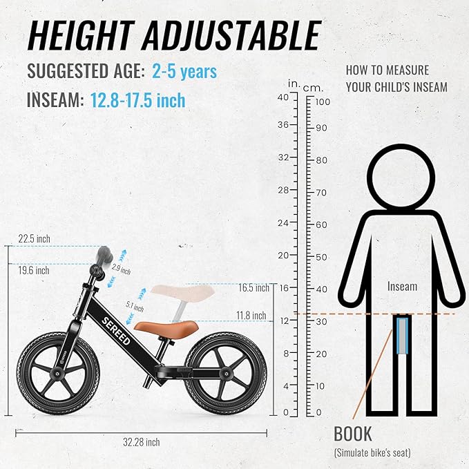 SEREED Toddler Balance Bike 2 Year Old, No Pedal Kids Bicycle Toys for 2-5 Years Old, Tool-Free Adjustment, Customize Plate with Stickers, Gift for 2-3 Boys Girls (Black)