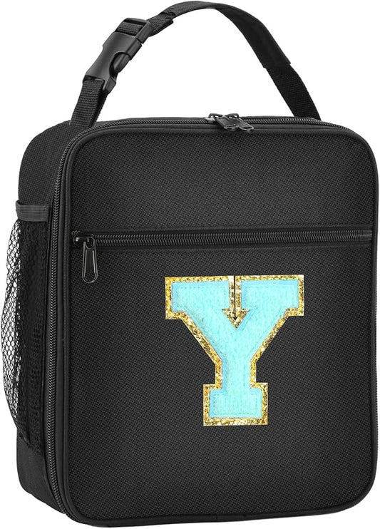 Initial Insulated Lunch Bag, Lunch Box with Initial Letter Patch for Teen Adult, Reusable Lunch Bag for Men Women, Ideal Back to School Gift Birthday Gift, Blue Y