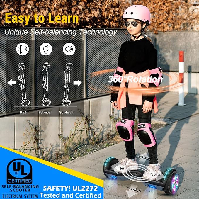 LIEAGLE Hoverboard, 6.5" Self Balancing Scooter Hover Board with Bluetooth Wheels LED Lights for Kids Adults