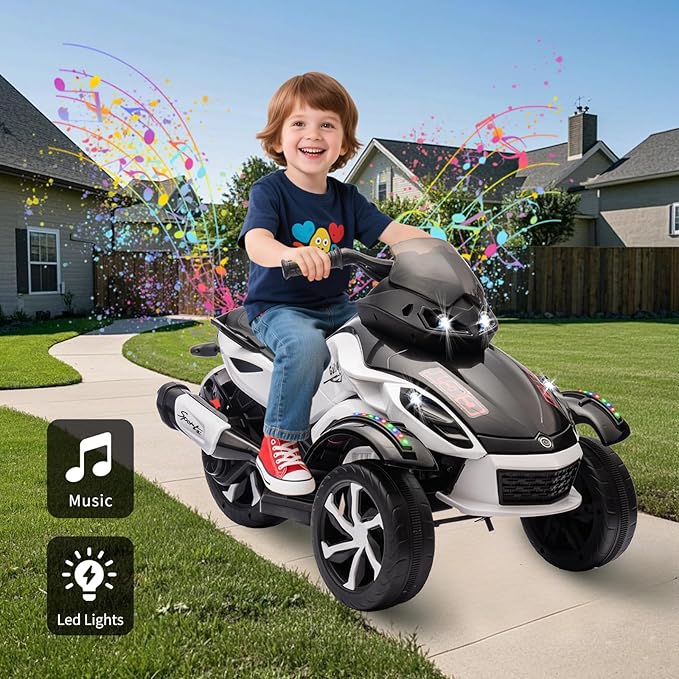 Xinyonxin 12V Kids Electric ATV, 3-Wheeler Motorcycle Ride on Toys for Toddlers w/Music, LED Lights, USB, One-Button Start, Forward/Reverse, Electric All-Terrain Car, Gift for Age 3+ (White)