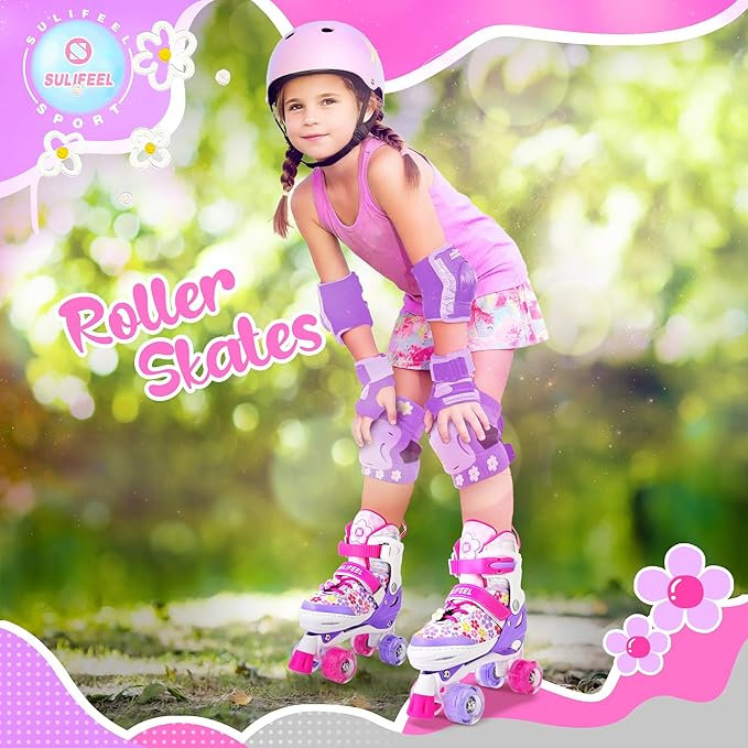 SULIFEEL Rainbow Unicorn 4 Size Adjustable Light up Roller Skates for Girls Boys for Kids