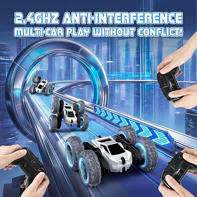 Remote Control Car for Boys, RC Monster Truck, USB Rechargeable 4WD RC Cars, 2.4Ghz Double Sided 360° Rotating Stunt Car, RC Cyber Toy Vehicle with LED Lights, Xmas/Birthday Gift for Kids Age 3+