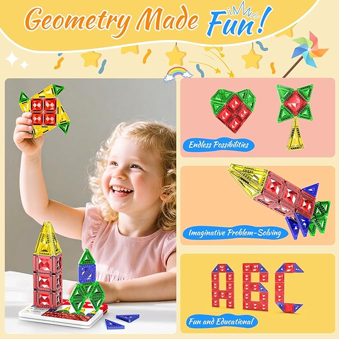 Mini Magnetic Tiles for Kids Ages 3-8, Travel Magnetic Building Blocks with Metal Storage Box, STEM Educational Toys, Montessori Sensory Learning Toys for Toddlers, Boys & Girls Gift for Christmas
