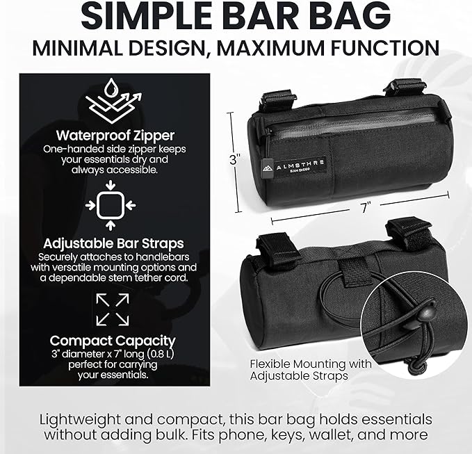 Simple Bar Bag | Soft-Shell Bike Handlebar Bag with Waterproof Zipper & Adjustable Straps | Lightweight Bicycle Handlebar Bag (Simple, Midnight Black)