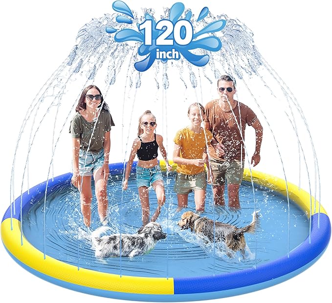120" Non-Slip Splash Pad for Kids and Dog, Thicken Sprinkler Pool Summer Outdoor Water Toys, Extra Large Backyard Wading Pool for Children Boys & Girls or Pet Dog (Blue&Yellow)