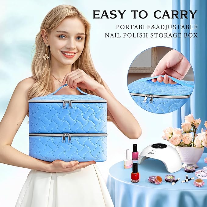 DreamGenius Nail Polish Organizer Case Holds 42 Bottles, Portable Double-Layer Nail Polish Storage Bag with Adjustable Dividers for Manicure Tools, Light Blue