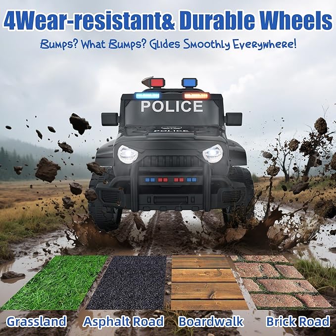 Ride on Police Car, 12V Kids' Electric Vehicles W/Parents Control, Ride on Toys for Toddlers with Music, Bluetooth, Four-Wheels Suspension, USB, Headlights, Police