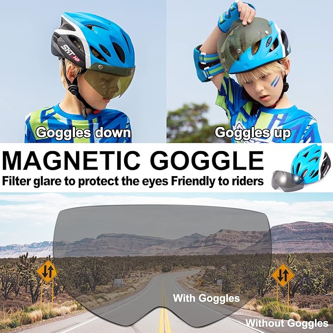 SKT HP Toddler Bike Helmet, Adjustable Helmet for Kids and Youth with Detachable Magnetic Goggles, Bicycle Cycling Skate Scooter Skateboard Helmet for Boys and Girls