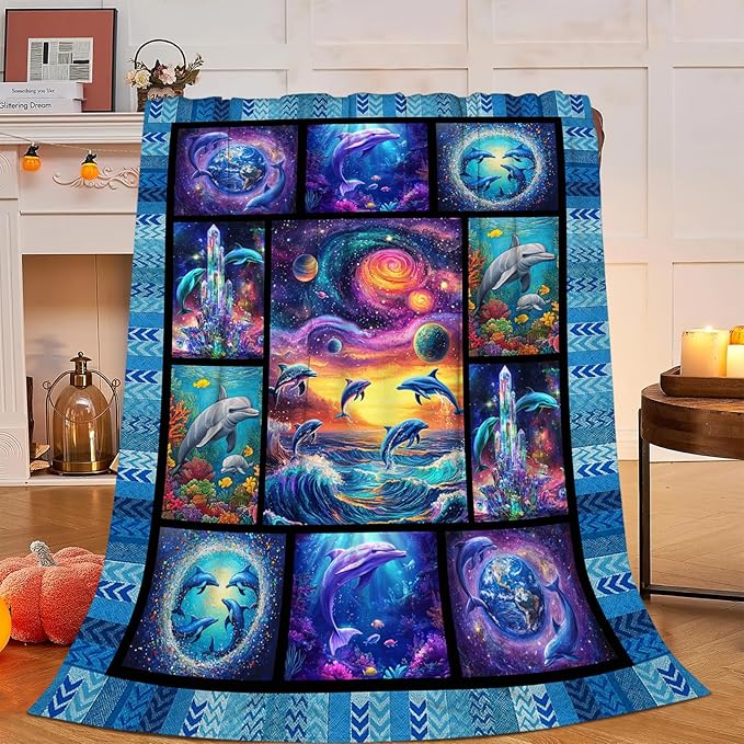 Dolphin Blanket, Ocean Dolphin Throw Blanket, Blue Sea Gifts Blankets Stuff Fleece Flannel Plush for Women Men Boys Girls Lovers Adults Soft Bedding Gift for Sofa Bed Office Home Decor 80"x60"