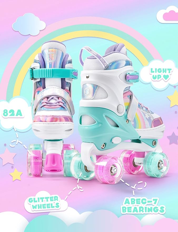 SULIFEEL Rainbow Unicorn 4 Size Adjustable Light up Roller Skates for Girls Boys for Kids