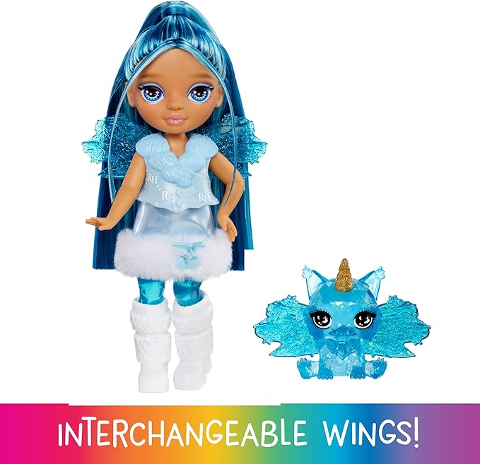 Rainbow High Littles Rainbow Fantasy Fairies + Pet – Sapphire, Blue 5.5" Posable Small Doll & Fantasy Dog Pet with Interchangeable Fairy Wings, Kids Gift 4+