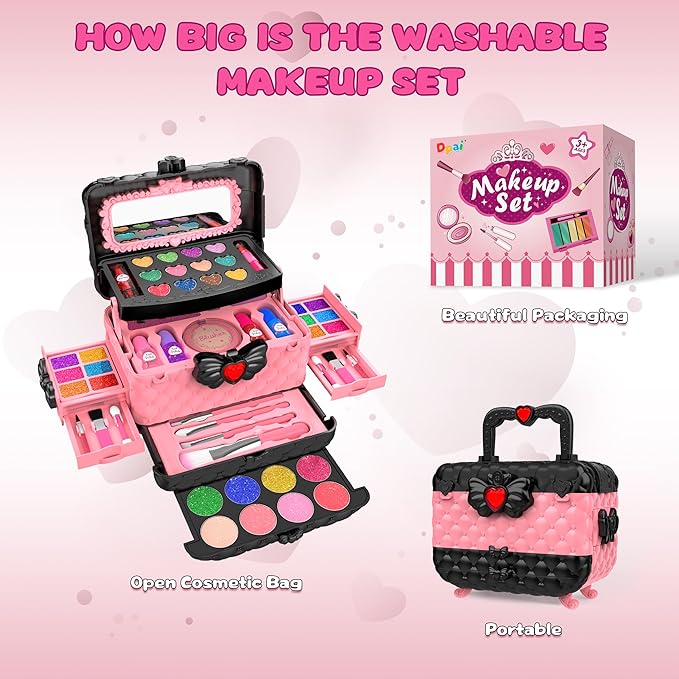 54 Pcs Kids Makeup Kit for Girls, Princess Real Washable Pretend Play Cosmetic Set Toys with Mirror, Birthday Gifts for 3 4 5 6 7 8 9 10 Years Old Girls Kids (Pink)