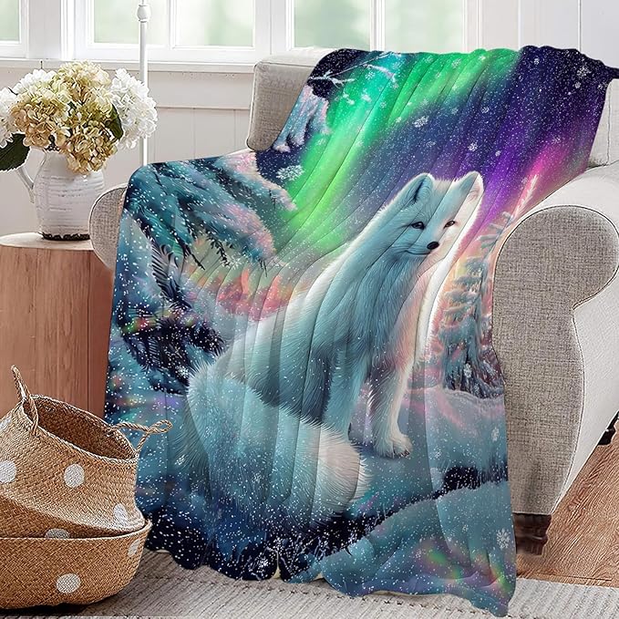 White Fox Blanket Winter Aurora Night Animal Throw Blankets Gifts for Girls Boys Kids Fox Lover Soft Cozy Fleece Plush for Couch Sofa Bed 60"x50"