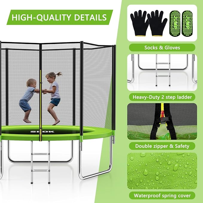 SKOK Trampoline 8FT 10FT 12FT 14FT 15FT Trampolines with Enclosure Net, 400LBS Outdoor Trampolines for Kids with Basketball Hoop-ASTM Approved Trampoline for Children and Adults with Ladder